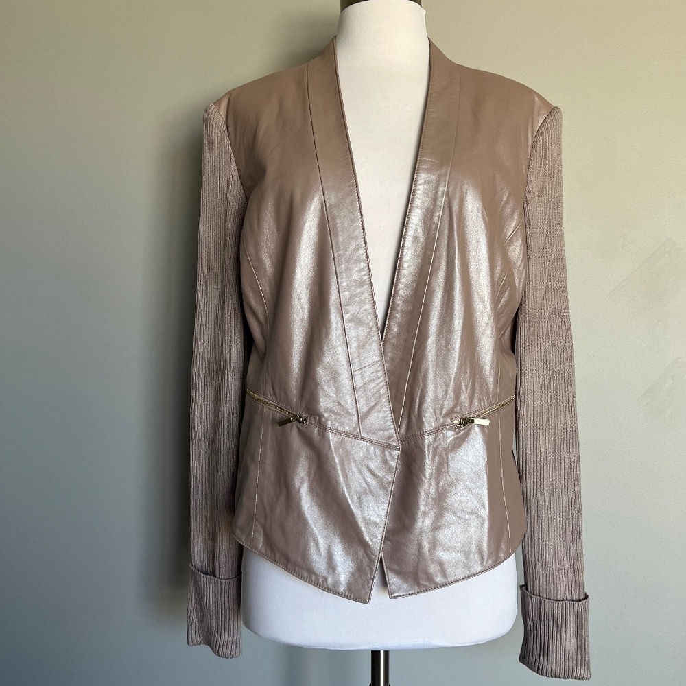 St. John Blush Pink Leather Casual Jacket Blazer Wool Sleeves FOR REPAIRS 14 XL